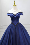 A-Line Tulle Beading Long Prom Dresses, Off the Shoulder Evening Dresses HZ0429