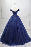 A-Line Tulle Beading Long Prom Dresses, Off the Shoulder Evening Dresses HZ0429