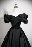 A-Line Satin Long Prom Dress, Black Off the Shoulder Evening Party Dress HZ0429