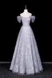 Silver Gray Tulle Snowflake Prom Gown | Off Shoulder Evening Dress with Sparkle HZ0429