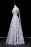 Silver Gray Tulle Snowflake Prom Gown | Off Shoulder Evening Dress with Sparkle HZ0429