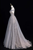 Sparkly Grey Tulle Ball Gown Off Shoulder Formal Evening Dress HZ0429