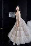 Champagne Tulle Strapless Ball Gown Tiered Ruffle Evening Dress HZ0429