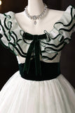 White Tulle and Green Printed Pattern Long Prom Dresses, Beautiful Evening Dresses HZ0429