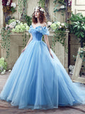 Blue Tulle Long A-Line Prom Dress, Off the Shoulder Princess Dress HZ0429
