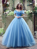 Blue Tulle Long A-Line Prom Dress, Off the Shoulder Princess Dress HZ0429