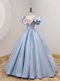 Blue Satin Floor Length Prom Dress with Bow, Blue A-Line Evening Formal Dress HZ0429