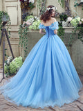 Blue Tulle Long A-Line Prom Dress, Off the Shoulder Princess Dress HZ0429