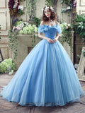 Blue Tulle Long A-Line Prom Dress, Off the Shoulder Princess Dress HZ0429