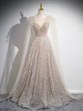 Champagne Tulle Sequins Long Prom Dress, Sparkling A-Line Evening Party Dress HZ0429