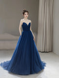 Blue Strapless Tulle Long Prom Dress, Beautiful A-Line Evening Party Dress HZ0429