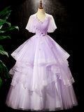 Fairy Purple Floral Floor Length Prom Dress, Beautiful V-Neck Party Birthday Dress HZ0429