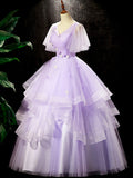Fairy Purple Floral Floor Length Prom Dress, Beautiful V-Neck Party Birthday Dress HZ0429
