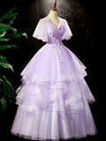 Fairy Purple Floral Floor Length Prom Dress, Beautiful V-Neck Party Birthday Dress HZ0429