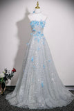 Silver Sequins and Blue Butterfly Long Prom Dress, Beautiful A-Line Evening Party Dress HZ0429