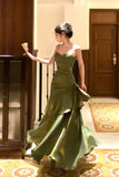 Green Satin Mermaid Gown, Beautiful Spaghetti Strap Evening Formal Dress HZ0429