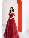 Burgundy Tulle Long Prom Dress, Beautiful A-Line Off the Shoulder Evening Party Dress HZ0429