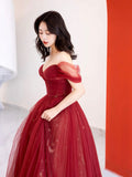 Burgundy Tulle Long Prom Dress, Beautiful A-Line Off the Shoulder Evening Party Dress HZ0429