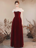 Off the Shoulder Burgundy Velvet Party Dress, Burgundy Floor Length Evening Party Dress HZ0429