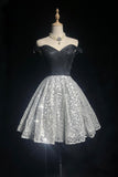 Vintage Black and Silver Off-the-Shoulder Glitter Homecoming Party Dress HZ0429