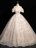 Champagne Tulle Sequins Long Prom Dress, Beautiful A-Line Evening Party Dress HZ0429