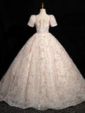 Champagne Tulle Sequins Long Prom Dress, Beautiful A-Line Evening Party Dress HZ0429