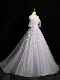 Grey Tulle 3D Flower Floor Length Prom Dress, Beautiful A-Line Off the Shoulder Party Dress HZ0429