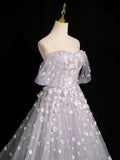 Grey Tulle 3D Flower Floor Length Prom Dress, Beautiful A-Line Off the Shoulder Party Dress HZ0429