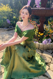 Green Off-the-Shoulder Mermaid Evening Gown with Ruffled Tiered Skirt HZ0429