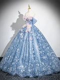 Blue Flower Fairy Tulle Floor Length Formal Dress, Beautiful Off the Shoulder Party Dress HZ0429