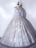 Gray Tulle and Floral Long Prom Dress, Beautiful A-Line Corset Evening Party Dress HZ0429