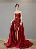 Burgundy Satin Sequins Long Prom Dress, Beautiful Strapless Evening Party Dress HZ0429