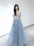 Blue Tulle Layered Long Prom Dresses, Beautiful Strapless Evening Party Dress HZ0429