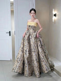 Elegant Printed Pattern Long Prom Dress, A-Line Strapless Evening Party Dress HZ0429