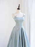 Blue Satin Long Prom Dress with Pearl, Beautiful Spaghetti Strap Evening Party Dress HZ0429