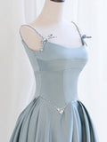 Blue Satin Long Prom Dress with Pearl, Beautiful Spaghetti Strap Evening Party Dress HZ0429