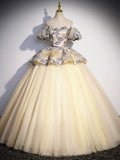 Champagne Floral Tulle Long Formal Dress, Off the Shoulder A-Line Evening Party Gown HZ0429