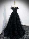 Black Tulle Beaded Floor Length Prom Dress, Black A-Line Off-Shoulder Evening Party Dress HZ0429