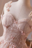 Pink Tulle Lace Short A-Line Prom Party Dress, Cute Spaghetti Strap Homecoming Dress HZ0429
